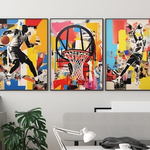 Colorful Basketball Urban Street Pop Art Sports Print | Large Bedroom Dorm Modern Wall Art Decor Poster Set | Ready To Hang Framed Poster