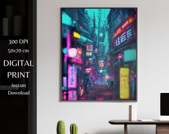 Cyberpunk Japanese Street Print | Neon Sci-Fi Wall Art (Digital Download)