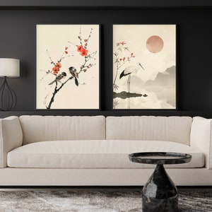 Large 2 Piece Wall Art Set | Japanese Nature Cranes Japandi Wabi Sabi Art | Canvas Ready To Hang Poster | Large Bedroom Living Room Wall Art