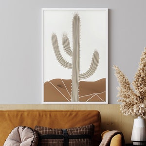 Boho Kunstdruck | Minimalistische Kaktus Wüste Erdtöne Beige Kunst | Großes Wohnzimmer Schlafzimmer Wand Kunst Dekor | Fertig zum Aufhängen Gerahmtes Poster