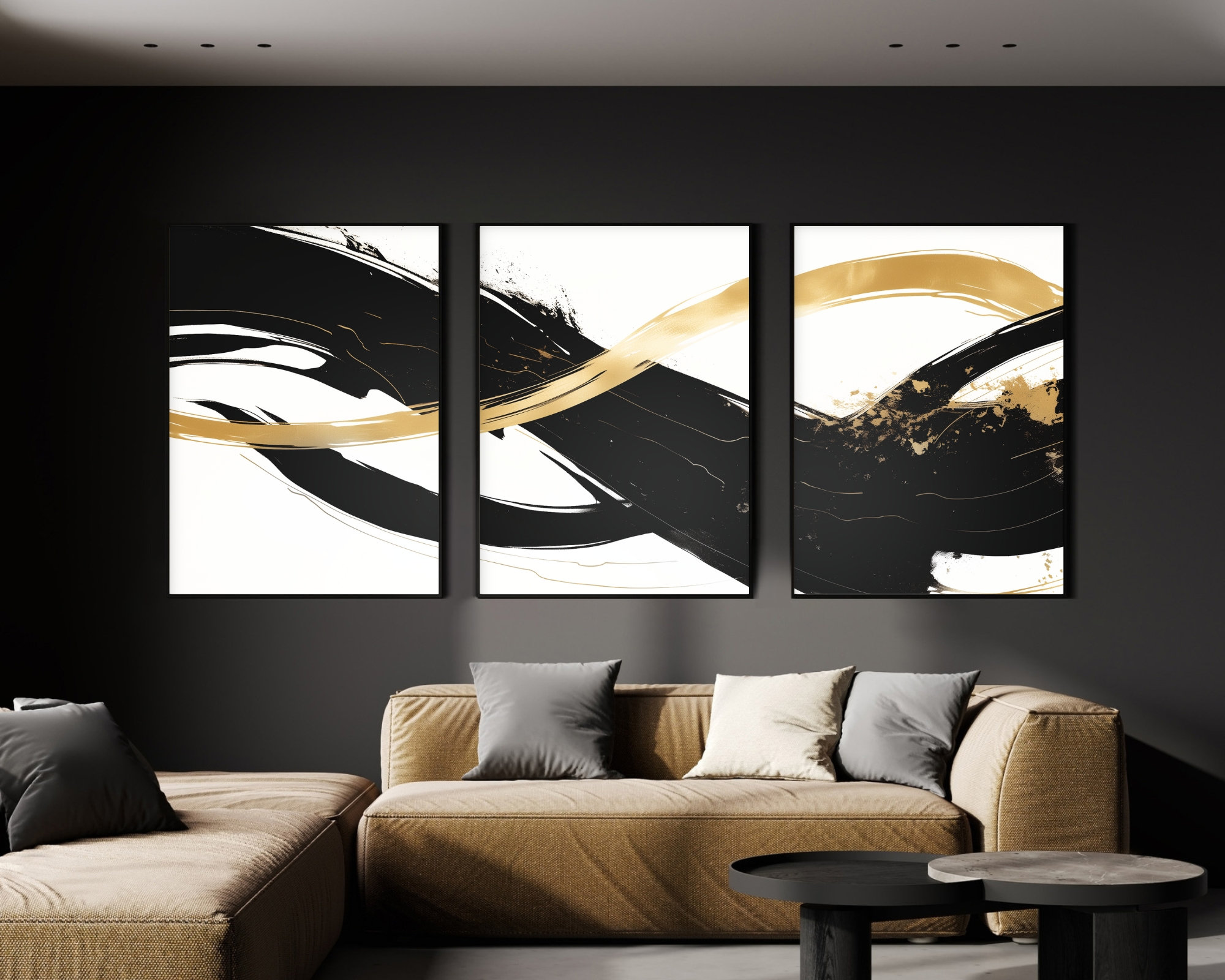 Large 3 Piece Wall Art Set | Black White Gold Abstract Ink Luxury ...
