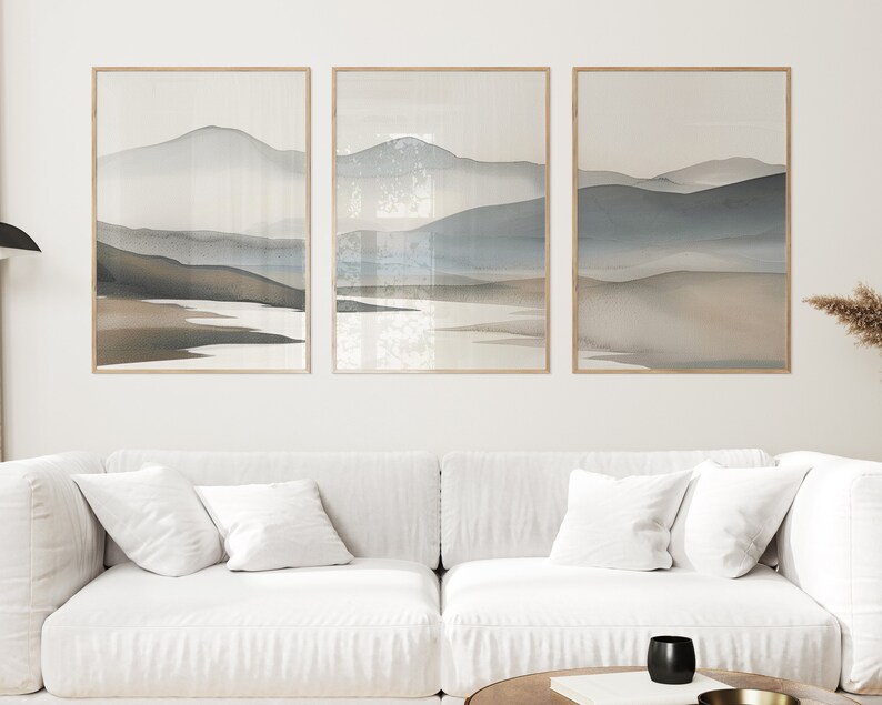 Large 3 piece wall art set light blue beige minimalist mountains art
