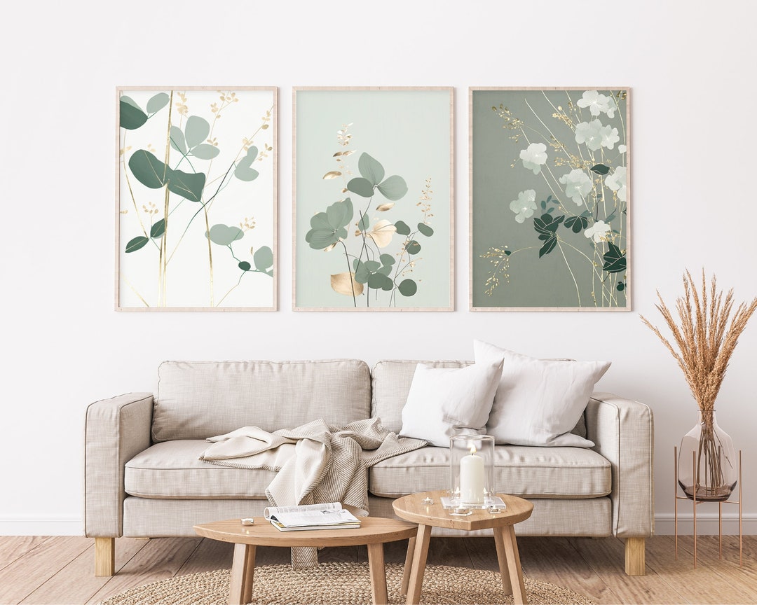 3 Piece Sage Green Floral Wall Art | Japandi Wabi Sabi Gold Minimalist ...