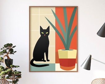 Impression d'art chat noir | Poster encadré abstrait moderne Mid-Century
