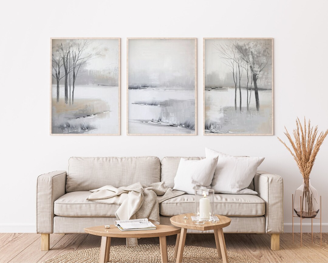 Large 3 piece wall art set winter nature minimalist abstract art