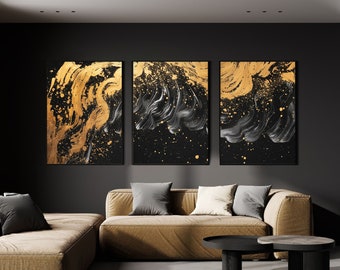 Large 3 Piece Wall Art Set | Black White Gold Abstract Ink Luxury ...