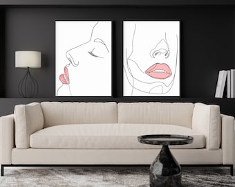 Minimalist Woman Face Line Art Print Set | Light Pink Lips Poster