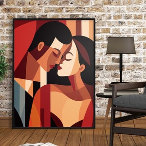 Arte moderno / Pareja romántica abstracta de mediados de siglo amor impresión de arte / decoración de arte de pared de dormitorio de sala de estar grande / listo para colgar cartel enmarcado