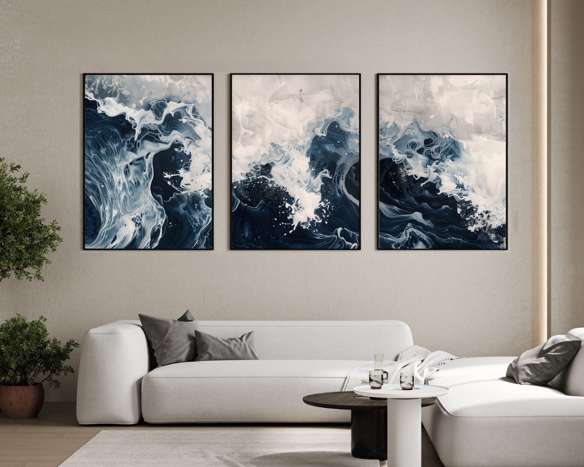 Blue Ocean Wave Wall Art Set of 3 | Coastal Japandi Framed Poster ...