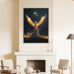 Large Living Room Wall Art | Gold Ethereal Guardian Angel In Night Sky | Canvas Ready To Hang Poster | Modern Contemporary Art Print Decor