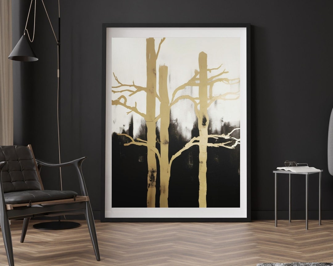 Abstract Art Print Black and Gold Tree Branches Modern Art Large Living