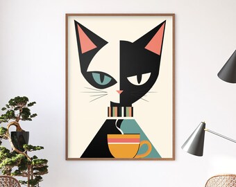 Cat Wall Art | Tuxedo Cat With Tea Print | Mid Century Modern Kitchen Poster | Funny Cat Lover Gift | Living Room Decor
