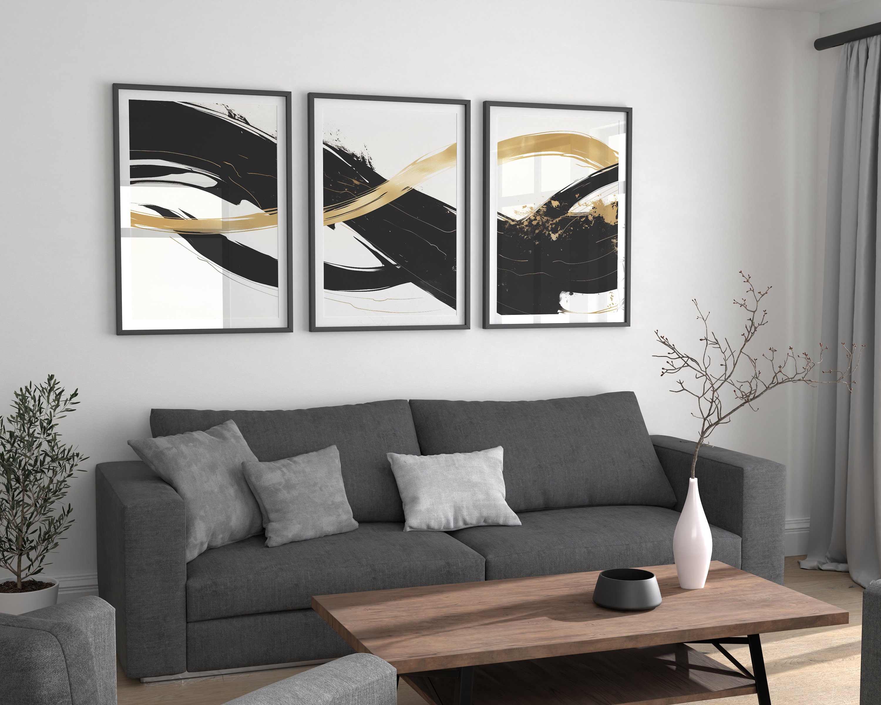 3 Piece Black White Gold Abstract Wall Art | Luxury Ink Minimalist ...