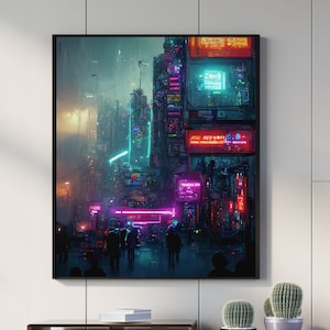 Cyberpunk Print | Futuristic Street With Purple Cyan Neon Lights Art | Gaming Room Large Poster Sci Fi Decor | Ready To Hang Framed Poster
