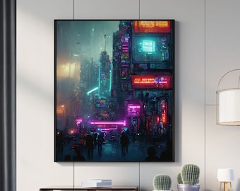 Cyberpunk Print | Futuristic Street With Purple Cyan Neon Lights Art | Gaming Room Large Poster Sci Fi Decor | Ready To Hang Framed Poster