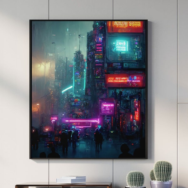 Cyberpunk Print | Futuristic Street With Purple Cyan Neon Lights Art | Gaming Room Large Poster Sci Fi Decor | Ready To Hang Framed Poster