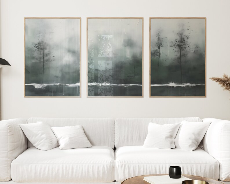 3 Piece Abstract Wall Art Green Moody Nature Forest Trees Minimalist