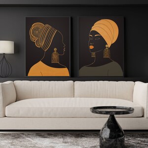 Large Abstract 2 Wall Art Set | Black And Gold Woman Portrait Modern Art | Canvas Ready To Hang Poster | Living Room Bedroom Wall Art Decor