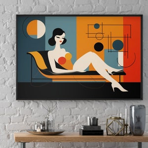 Mid Century Colorful Funky Retro Abstract Woman Portrait Art Print | Large Modern Above Couch Wall Art Decor | Ready To Hang Framed Poster