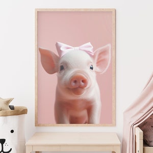 Nursery Art Print | Cute Light Blush Pink Baby Pig With A Bow Art | Large Girly Baby Bedroom Wall Art Decor | Ready To Hang Framed Poster