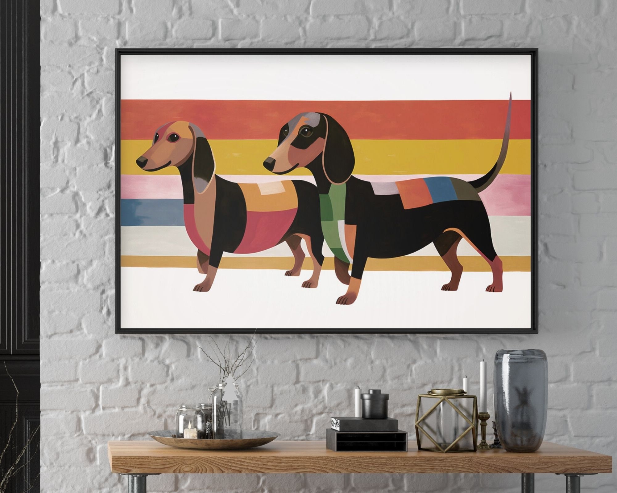 Mid Century Colorful Funky Two Cute Dachshund Dogs Art Print | Large Modern Above Couch Wall Art Decor | Ready To Hang Framed Poster