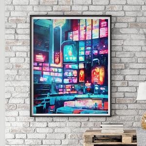 Op de afbeelding: Een digitale schildering van een straat in de stad 's nachts met neonborden in rood, blauw en groen. De borden zijn in het Japans en Engels.