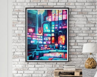 Neon Cyberpunk Street Print | Sci-Fi Gaming Room Art, Framed Poster