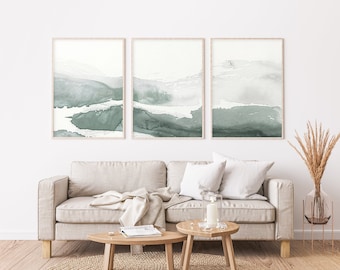 Conjunto de impresiones de acuarela Japandi / Arte de pared minimalista con marco verde