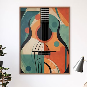 Modern Art | Abstract Guitar Mid Century Music Art Print | Large Living Room Bedroom Wall Art Decor | Ready To Hang Framed Poster