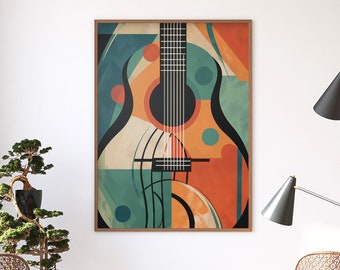 Modern Art | Abstract Guitar Mid Century Music Art Print | Large Living Room Bedroom Wall Art Decor | Ready To Hang Framed Poster