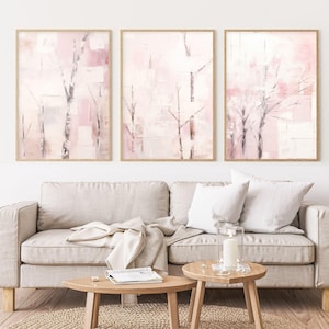 3 Piece Minimalist Wall Art Set | Light Blush Pink Trees Nature Art | Canvas Ready To Hang Poster | Large Living Room Bedroom Wall Art Decor