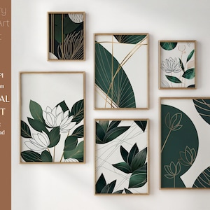 Digital Download Print | Gallery Wall Art Set Japandi Emerald Green Gold Plants Modern Abstract Minimalist Print | Large Printable Wall Art