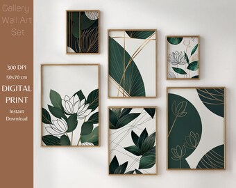 May include: Set of five digital prints featuring abstract botanical illustrations in shades of green and gold. The prints are framed in gold and feature various designs, including leaves, flowers, and geometric patterns.