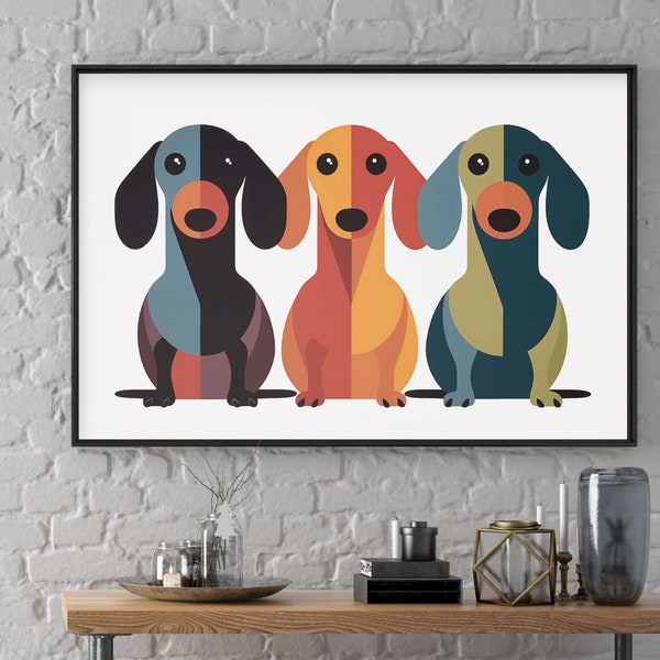 Impresión artística minimalista de perros salchicha coloridos y divertidos de mediados de siglo / Decoración de pared moderna grande para sala de estar / Póster enmarcado listo para colgar