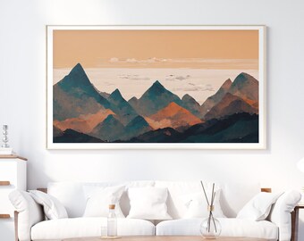 Minimalist Mountain Art Print | Boho Earth Tones, Framed Poster