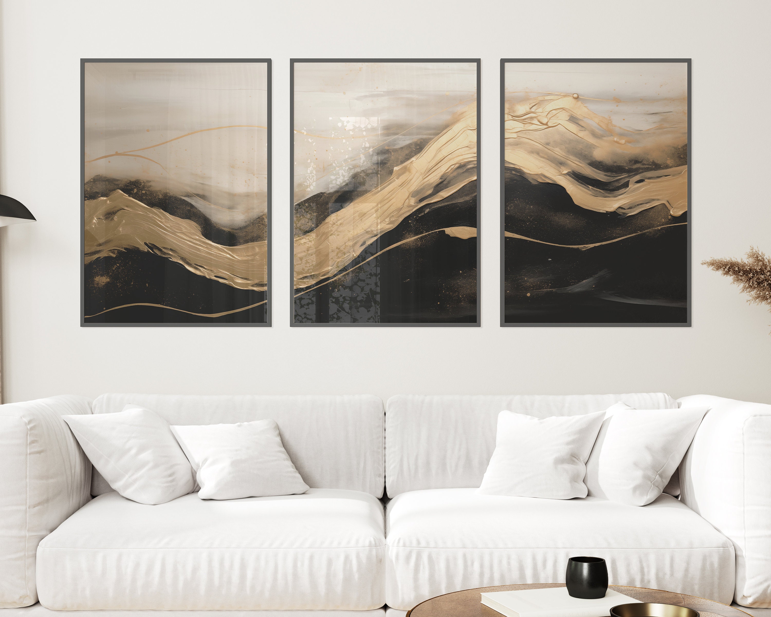 3 Piece Abstract Gold Black White Wall Art Set | Luxury Living Room ...