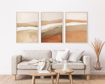 Juego de pósteres enmarcados de 3 piezas con arte paisajístico bohemio y tonos tierra Wabi Sabi