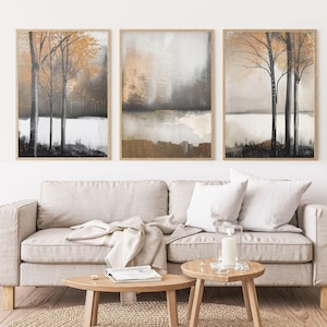 Grande set di arte da parete a 3 pezzi / Moody Nature Autunno Arte minimalista astratta / Tela pronta per essere appesa Poster / Decorazione d'arte da parete per soggiorno camera da letto