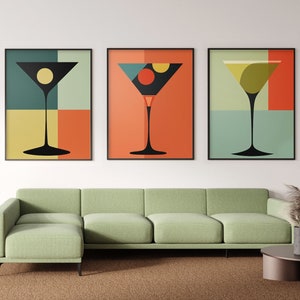 Gafas de cóctel modernas y coloridas de mediados de siglo Impresión de arte / Sala de estar grande Comedor 3 Decoración de conjunto de arte de pared / Listo para colgar cartel enmarcado