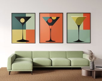 Modern Colorful Mid Century Cocktail Glasses Art Print | Large Living Dinning Room 3 Wall Art Set Decor | Ready To Hang Framed Poster