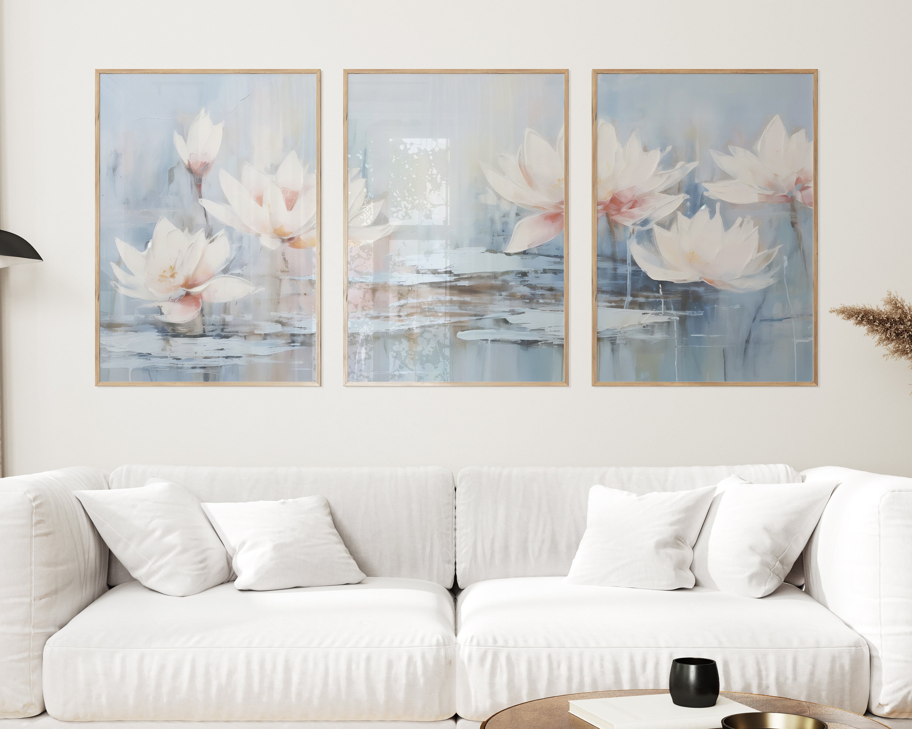 Large Botanical 3 Piece Wall Art Set Light Blue Nature Lotus Flower Art ...