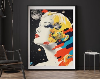 Retro Outer Space Art Print | Colorful Surrealist Woman, Framed Poster
