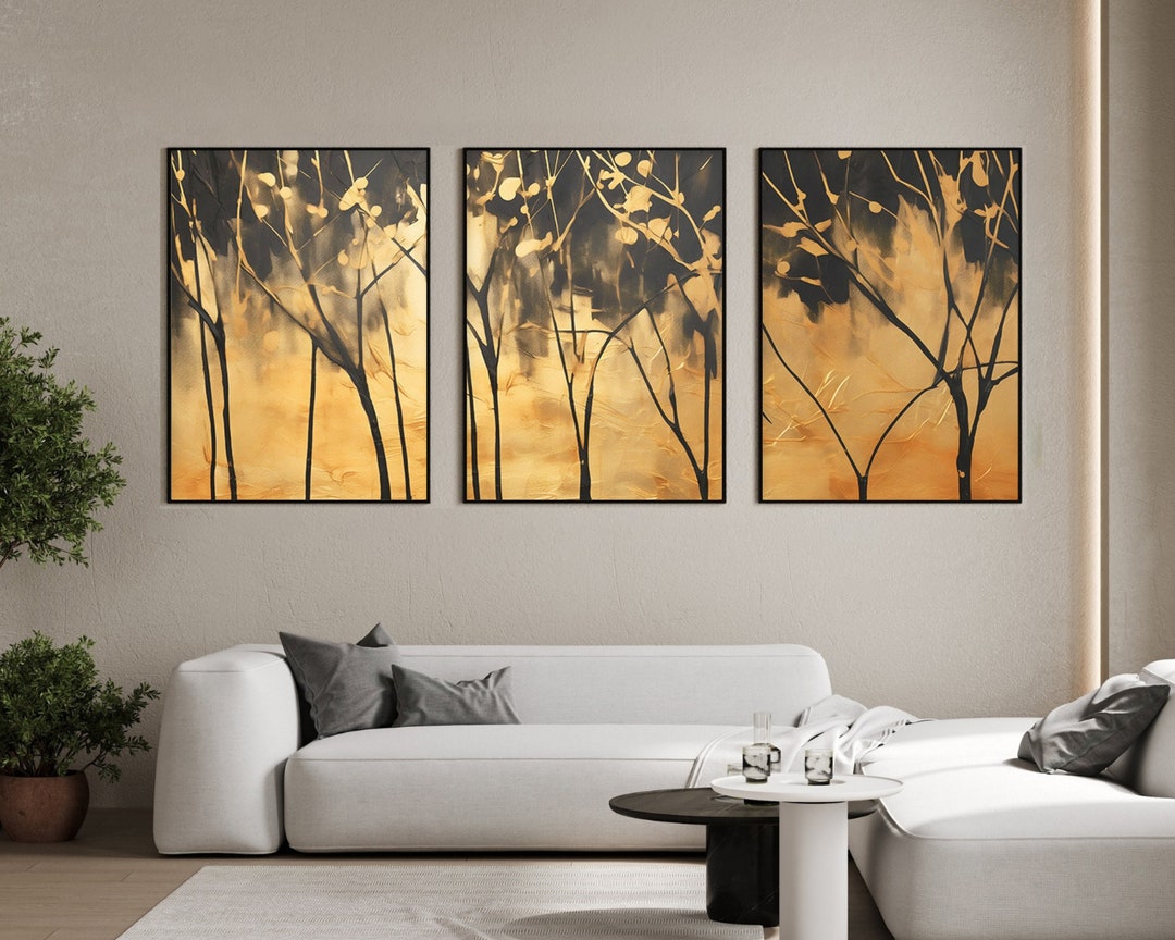 3 Piece Wall Art | Black and Gold Minimalist Elegant Tree Art | Large Living Room Above Couch ...