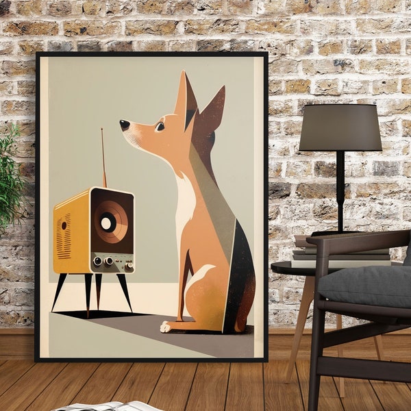 Mid Century Cute Dog Minimalist Retro Music Art Print | Large Modern Living Room Bedroom Wall Art Decor | Ready To Hang Framed Poster