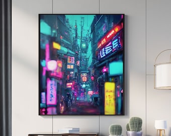 Cyberpunk Japanese Street Print | Futuristic Neon Sci-Fi Framed Poster