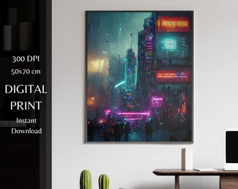 Cyberpunk Neon Street Print | Sci-Fi Gaming Room Art (Digital Download)