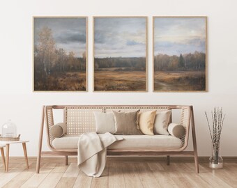 Herfstbos muurkunst set van 3 | Sfeervolle natuurlandschapsprint, ingelijste galeriewandposter, woonkamerdecoratie