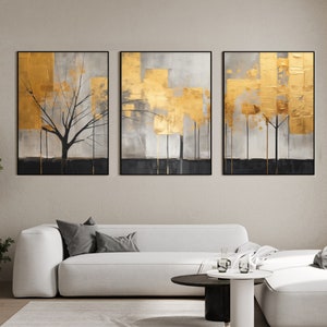 3 Piece Wall Art | Black And Gold Minimalist Forest Trees Nature Elegant Art | Canvas Ready To Hang Poster | Large Living Room Wall Art Set