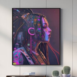 Cyberpunk-kunst | Post-apocalyptische futuristische Sci Fi Girl Print | Grote speelkamer Neon Paars Wall Art Decor | Klaar om ingelijste poster op te hangen
