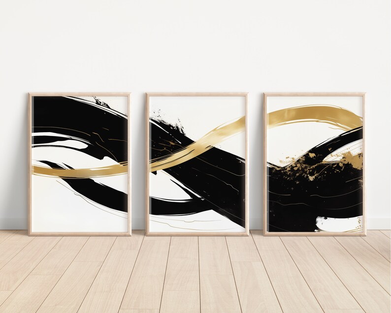 3 Piece Black White Gold Abstract Wall Art | Luxury Ink Minimalist ...